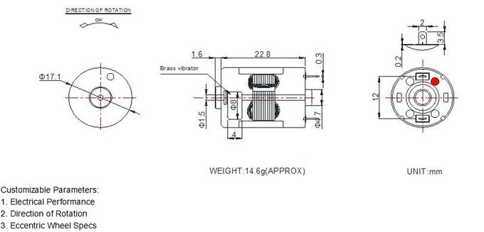 motor 3v da vibração da C.C. de 17.1mm - material de 12v RoHS com a roda excêntrica interna